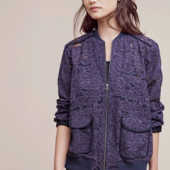Anthropologie Elevenses Navy Blue Sheer Lace Bomber Jacket Cottagecore - Picture 2 of 11